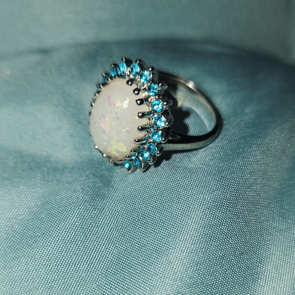 Blue Topaz Halo Opal Cocktail Ring - Women Jewelry